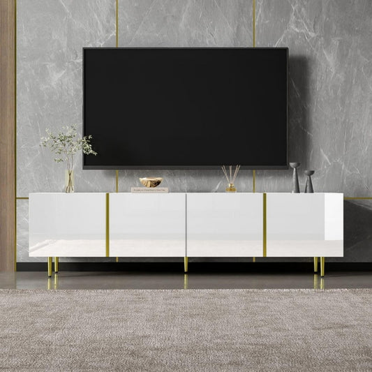 Meuble TV gris fonce, structure robuste, quatre portes