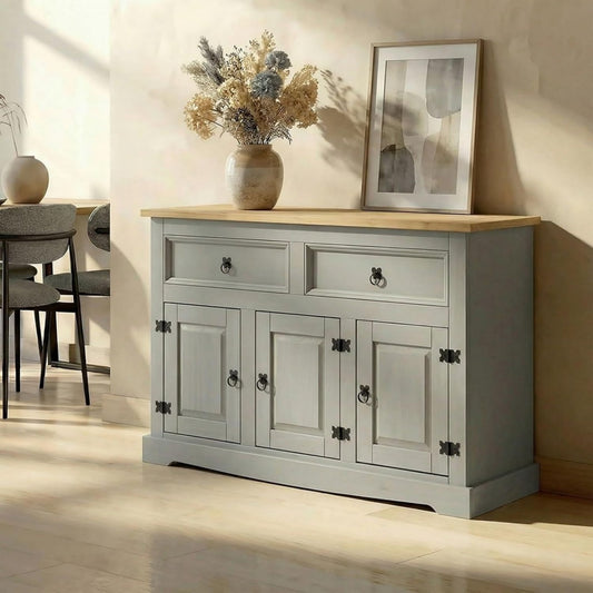 Commode au design esprit rustique creme en bois massif