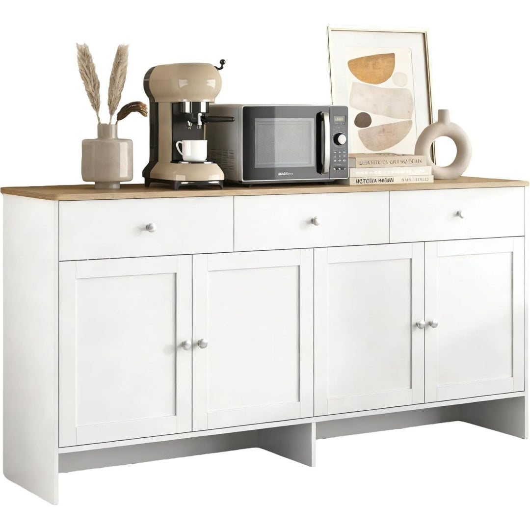 Structure en bois, buffet haut gris clair 3 tiroirs 4 portes