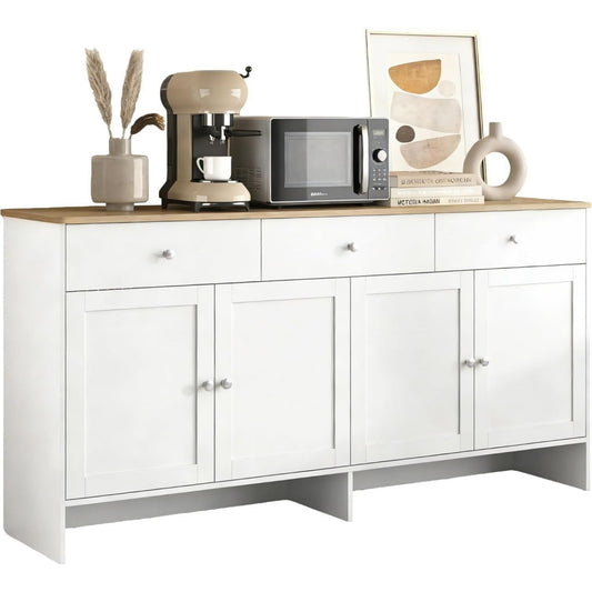 Structure en bois, buffet haut gris clair 3 tiroirs 4 portes