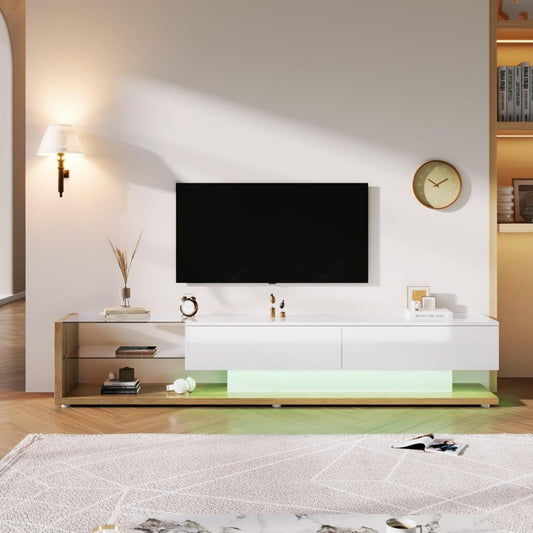 Petit meuble TV avec un eclairage LED integre et des portes vitrees